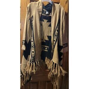 Taupe & Black Tribal Native Western Boho Open Cardigan Sweater CALS